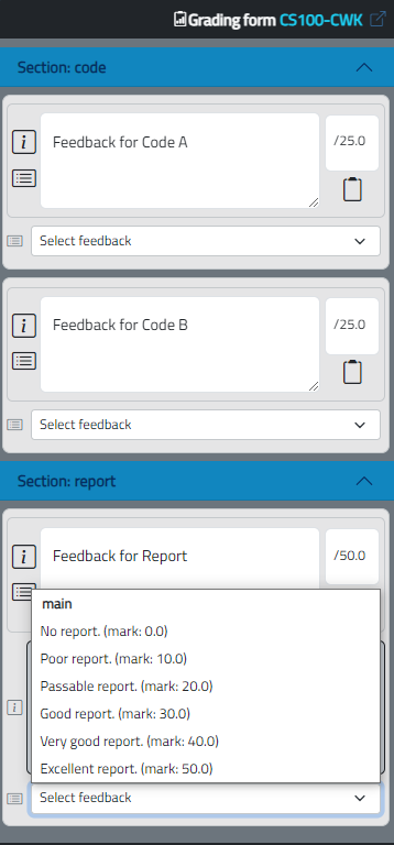 Feedback set CS100-CWK-Report marking panel