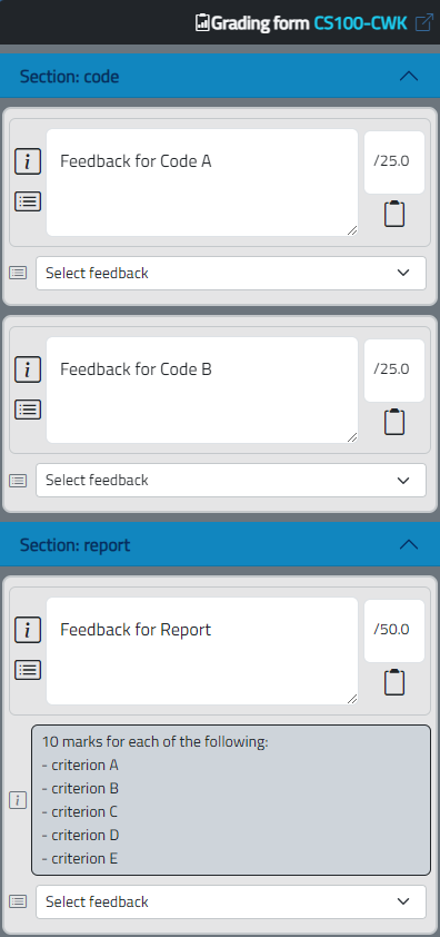 Grading form CS100-CWK marking panel