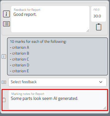 Marking panel - element notes